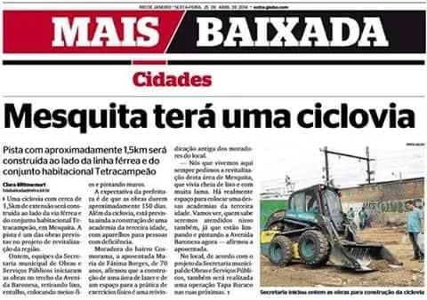 Reprodução da matéria “Mesquita terá uma ciclovia” — Mais Baixada.